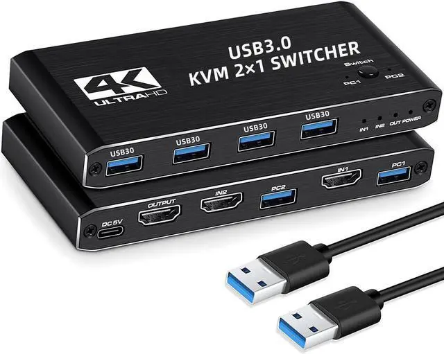 HDMI KVM Switch 2 Port 4K 60Hz USB KVM Switch 2x1 HDMI2.0 Ports + 4x USB3.0 Ports Share 2 Computers to one Monitor Supports Hotkey Switch Wireless Keyboard and Mouse USB Disk Printer USB Camera
