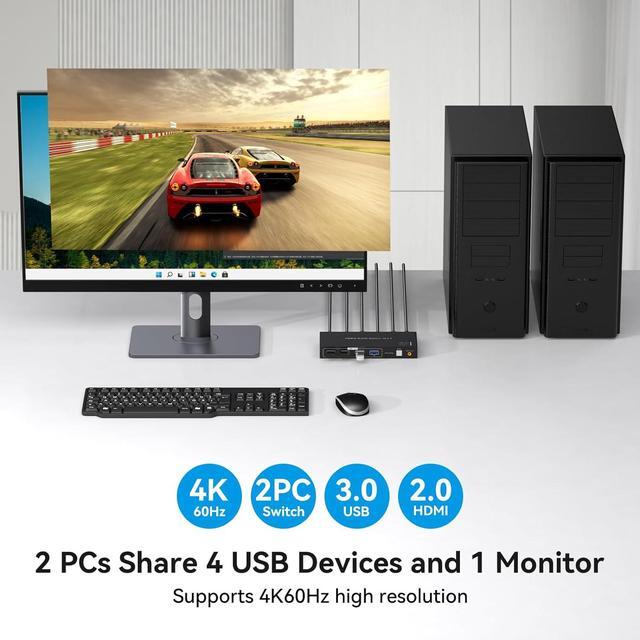 HDMI KVM Switch 2 Port 4K60Hz For 2 Computers Share 1 Monitor USB 3.0 KVM Switches PC Support 4 USB 3.0 Devices Such As Keyboard Mouse Printer With Desktop Wired Controller And 2 USB Cables