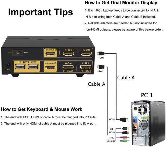 HDMI KVM Switch 2 Port Dual Monitor Extended Display 4K 30Hz Dual View PC Monitor Keyboard Mouse Selector Box With Audio Microphone Output And USB 2.0 Hub For Computers And Laptop