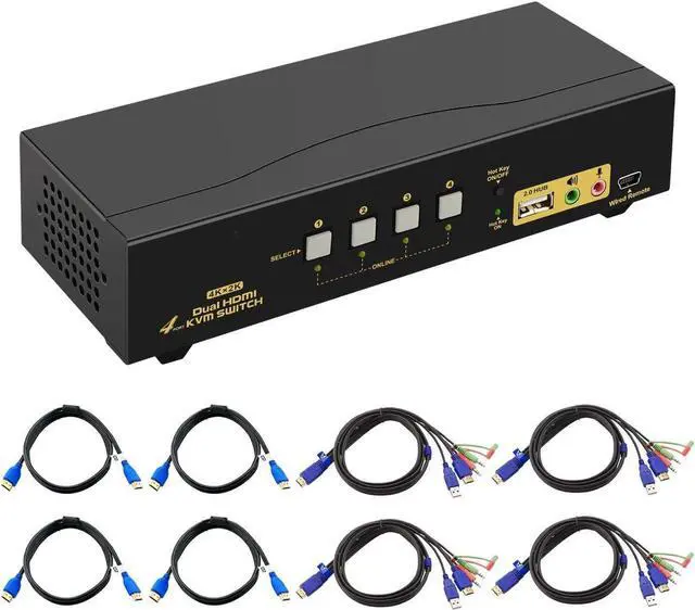 HDMI KVM Switch 2 Port Dual Monitor Extended Display 4K 30Hz Dual View PC Monitor Keyboard Mouse Selector Box with Audio Microphone Output and USB 2.0 Hub for Computers and Laptop