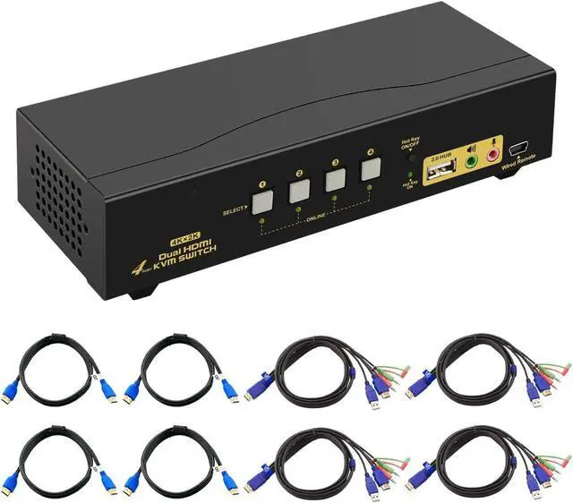 HDMI KVM Switch 2 Port Dual Monitor Extended Display 4K 30Hz Dual View PC Monitor Keyboard Mouse Selector Box with Audio Microphone Output and USB 2.0 Hub for Computers and Laptop