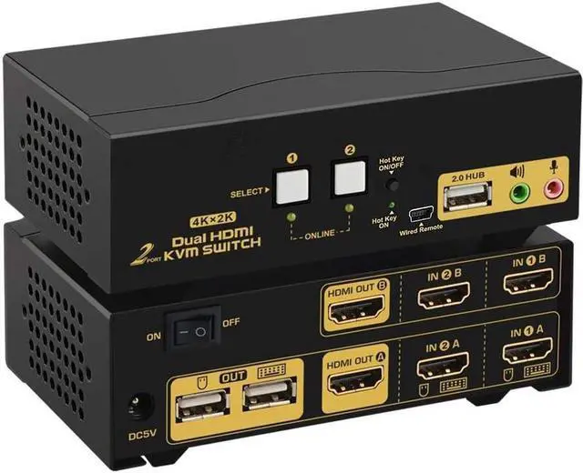 HDMI KVM Switch 2 Port Dual Monitor Extended Display 4K 30Hz DEPZOL Dual View PC Monitor Keyboard Mouse Selector Box with Audio Microphone Output and USB 2.0 Hub for Computers and Laptop