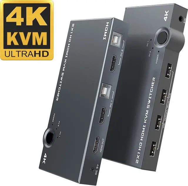 HDMI KVM Switch 2 Port USB2.0 Ultra HD 4K 60Hz 2 PC Share 1 Set of Keyboard Mouse and Monitor Support Wireless Keyboard and Mouse