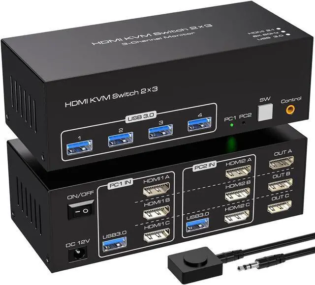 HDMI kvm Switch 3 Monitors 2 Computers 8K 60hz USB 3.0 kvm switches Triple Monitor for 2 PC Share 4 USB3.0 Devices with Desktop Controller USB Cables & DC 12V Adapter