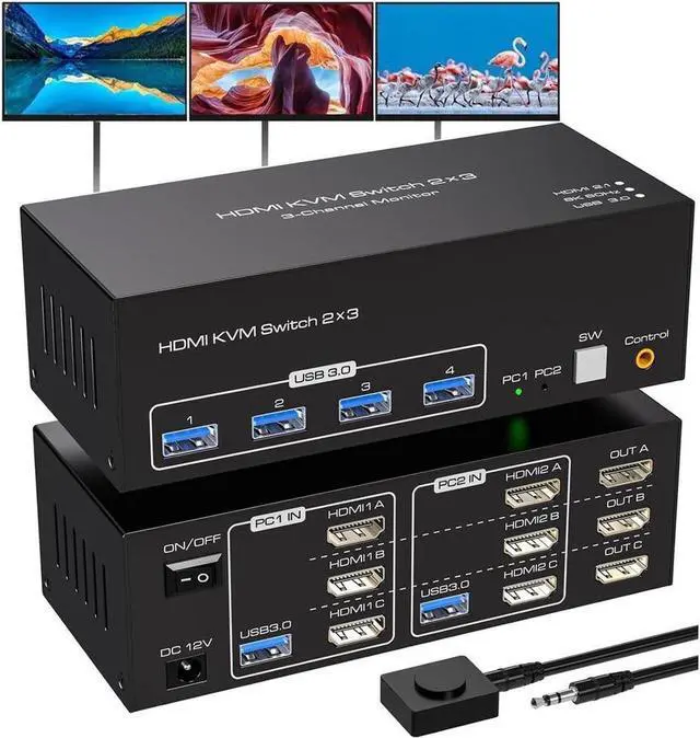 HDMI KVM Switch 3 Monitors 2 Computers with 4 USB 3.0 Hub 8K 60Hz Ultra HD Resolution Triple Monitor KVM Switch HDMI 2.1 Via Button Switch Plug and Play