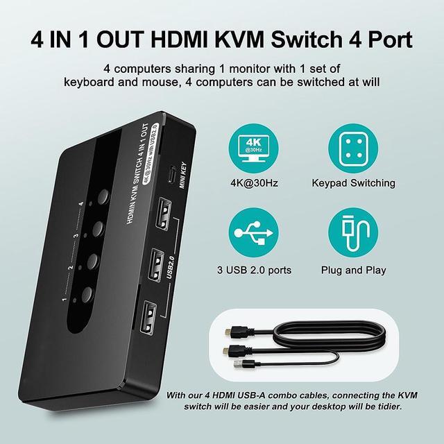 HDMI KVM Switch 4 Computers 1 Monitor 4 Port HDMI KVM Switch Support 4K 30HZ With 3 USB 2.0 Port To Share Keyboard Mouse Printer 4 In 1 Out HDMI Monitor KVM Switch With Remote Control& Button Switch