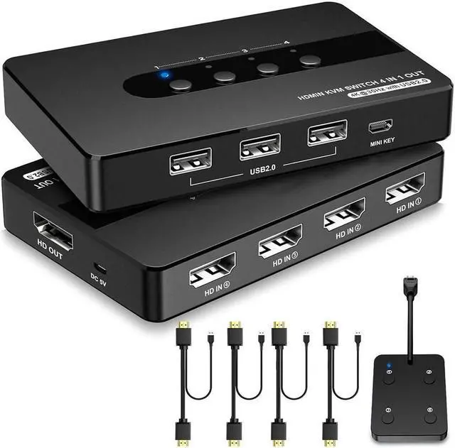 HDMI KVM Switch 4 Computers 1 Monitor 4 Port HDMI KVM Switch Support 4K 30HZ with 3 USB 2.0 Port to Share Keyboard Mouse Printer 4 in 1 Out HDMI Monitor KVM Switch with Remote Control& Button Switch