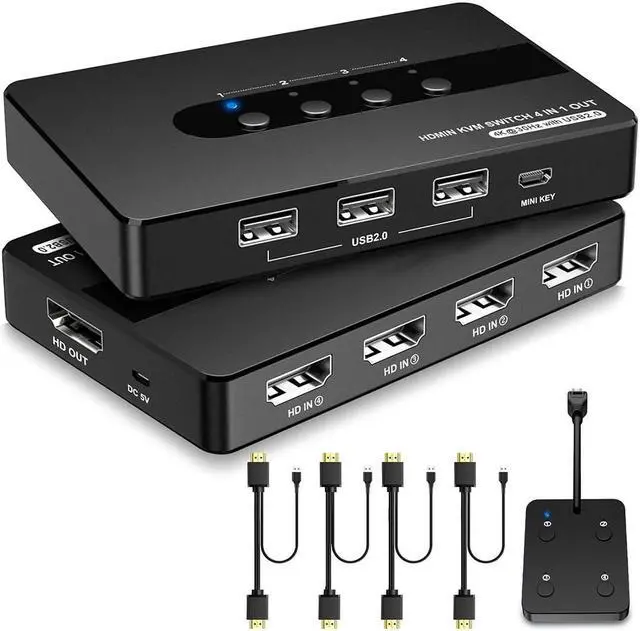 HDMI KVM Switch 4 Computers 1 Monitor 4 Port HDMI KVM Switch Support 4K 30HZ with 3 USB 2.0 Port to Share Keyboard Mouse Printer 4 in 1 Out HDMI Monitor KVM Switch with Remote Control& Button Switch