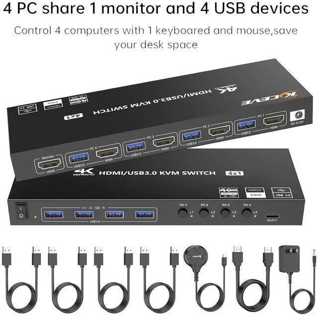 HDMI KVM Switch 4 Computers 1 Monitors 4K 60Hz 2K 120Hz 4 Port HDMI KVM Switches with Simulation EDID for 4 PCs Sharing Monitor Keyboard Mouse Hard Drives Printer Wired Remote Power Adapter Included
