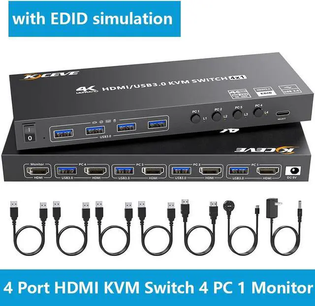 HDMI KVM Switch 4 Computers 4K 60Hz 2K 120Hz Simulation EDID 4 Port HDMI USB 3.0 KVM Switches for 4 PC Share 1 Monitor and Keyboard Mouse Printer with Wired Remote 12V Power Adapter and 5 Cables