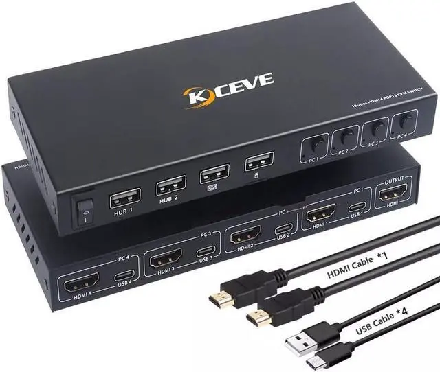 HDMI KVM Switch 4 in 1 Out KVM Switches 4 Port 4K 60Hz KVM Switch 1 Monitors 4 Computers HDMI KVM Monitor Switch for 4 Computers KVM Switch Keyboard Mouse Adaptive EDID Hotkey Switching