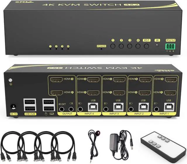 HDMI KVM Switch 4 in 2 Out Dual Monitor Extended Display 4K 60Hz 4:4:4 with Audio and USB 2.0 Hub Sharing PC Monitor Keyboard Mouse Switcher