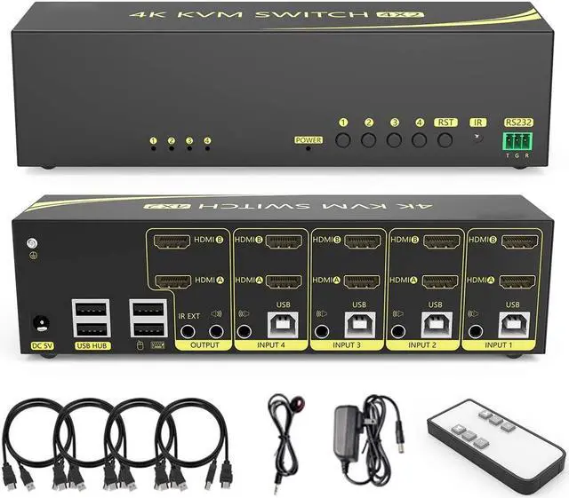 HDMI KVM Switch 4 in 2 Out Dual Monitor Extended Display 4K 60Hz 4:4:4 with Audio and USB 2.0 Hub Sharing PC Monitor Keyboard Mouse Switcher