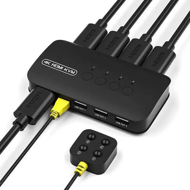 HDMI KVM Switch 4 Port 3 x USB 2.0 3xUSB HDMI Switcher for 4 Computers Supports 4K/2K 30Hz HDMI KVM USB Switch with 4 HDMI KVM Cables and 1 Desktop Controller