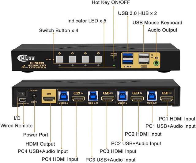 HDMI KVM Switch 4 Port 4 Port HDMI 2.0 USB 3.0 KVM Switch With Cables 2 Pcs USB 3.0 Hub And Audio Output Supports Wireless/Mechanical/Gaming Keyboard Mouse