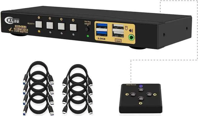 HDMI KVM Switch 4 Port 4 Port HDMI 2.0 USB 3.0 KVM Switch with Cables 2 pcs USB 3.0 Hub and Audio Output Supports Wireless/Mechanical/Gaming Keyboard Mouse