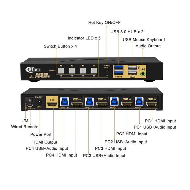 HDMI KVM Switch 4 Port 4 Port HDMI 2.0 USB 3.0 KVM Switch With Cables 2 Pcs USB 3.0 Hub And Audio Output Supports Wireless/Mechanical/Gaming Keyboard Mouse