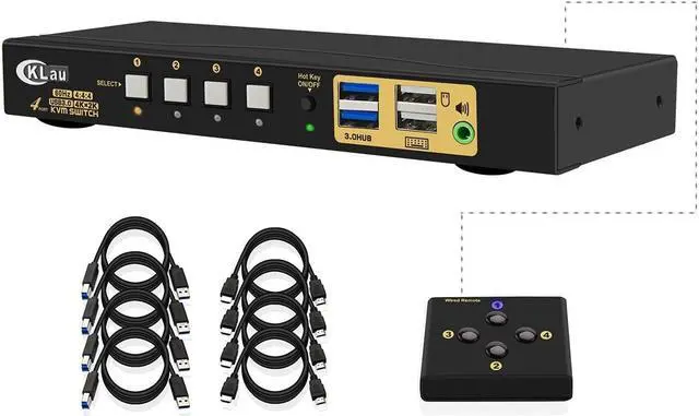 HDMI KVM Switch 4 Port 4 Port HDMI 2.0 USB 3.0 KVM Switch with Cables 2 pcs USB 3.0 Hub and Audio Output Supports Wireless/Mechanical/Gaming Keyboard Mouse