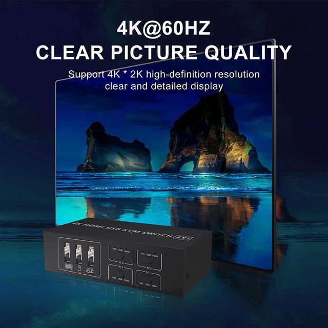 HDMI KVM Switch 4 Port HDMI 4 In 1 Out KVM Switch 4 Computers Share Keyboard Mouse Printer Monitor Support HUD 4K 60Hz For Laptop PC Xbox HDTV With 4* USB Cable 1* Switch Button&Cable 1* Power Cable