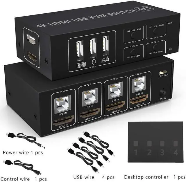 HDMI KVM Switch 4 Port HDMI 4 in 1 Out KVM Switch 4 Computers Share Keyboard Mouse Printer Monitor Support HUD 4K 60Hz for Laptop PC Xbox HDTV with 4* USB Cable 1* Switch Button&Cable 1* Power Cable