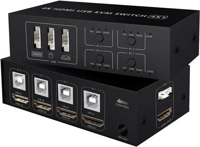 HDMI KVM Switch 4 Port HDMI Switcher 4K 60Hz 4 In 1 Out KVM USB Switch Box for 4 PC Sharing Keyboard Mouse Monitor Compatible with Laptop PC PS4 Xbox HDTV