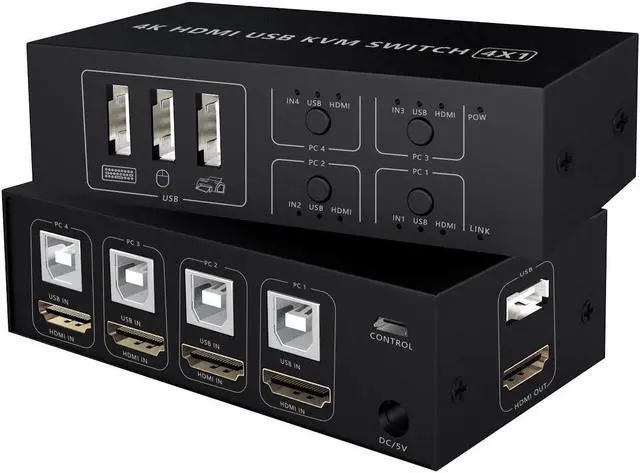 HDMI KVM Switch 4 Port HDMI Switcher 4K 60Hz 4 In 1 Out KVM USB Switch Box for 4 PC Sharing Keyboard Mouse Monitor Compatible with Laptop PC PS4 Xbox HDTV
