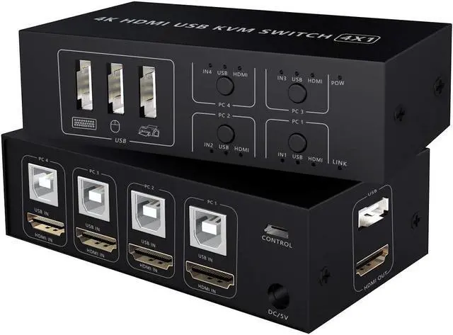 HDMI KVM Switch 4 Port HDMI Switcher 4K 60Hz 4 In 1 Out KVM USB Switch Box for 4 PC Sharing Keyboard Mouse Monitor Compatible with Laptop PC PS4 Xbox HDTV