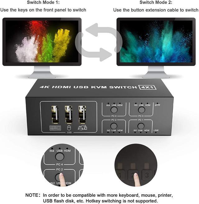 HDMI KVM Switch 4 Port HDMI USB Switch 4 In 1 Out KVM Switch Box 4K 60Hz For 4 PC Computers Share Monitor Keyboard And Mouse With 4 USB Cables 1 Switch Cable 1 Power Cable