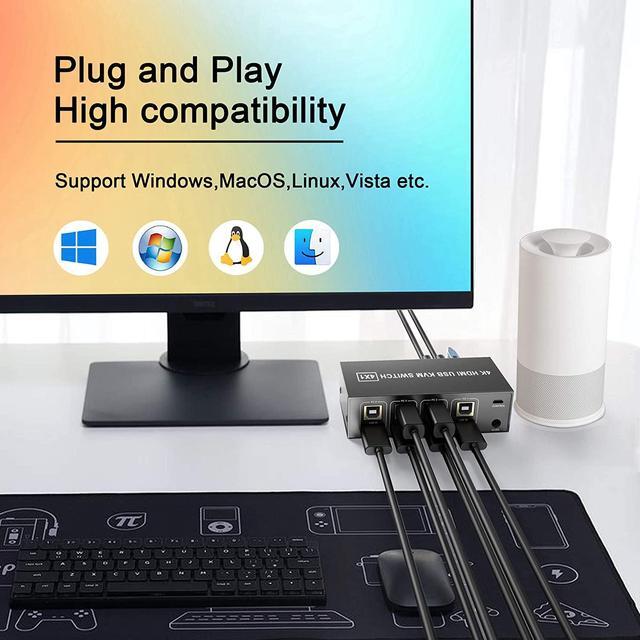 HDMI KVM Switch 4 Port HDMI USB Switch 4 In 1 Out KVM Switch Box 4K 60Hz For 4 PC Computers Share Monitor Keyboard And Mouse With 4 USB Cables 1 Switch Cable 1 Power Cable