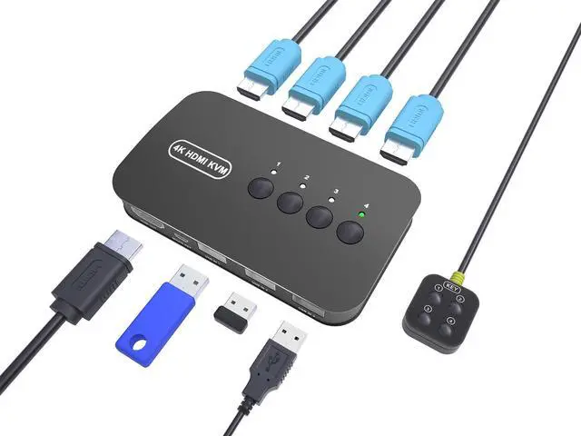 HDMI KVM Switch 4 Port - KVM Switch 4 Computers Share Keyboard Mouse Printer Flash Drive HD Monitor Support 4K 30Hz 4 Cables 1 Desktop Controller Included