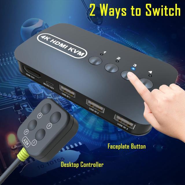 HDMI KVM Switch 4 Port - KVM Switch 4 Computers - USB KVM Switch For 4 Computers Share Keyboard Mouse Printer Flash Drive HD Monitor Support 4K 30Hz 4 HDMI KVM Cables 1 Desktop Controller Included