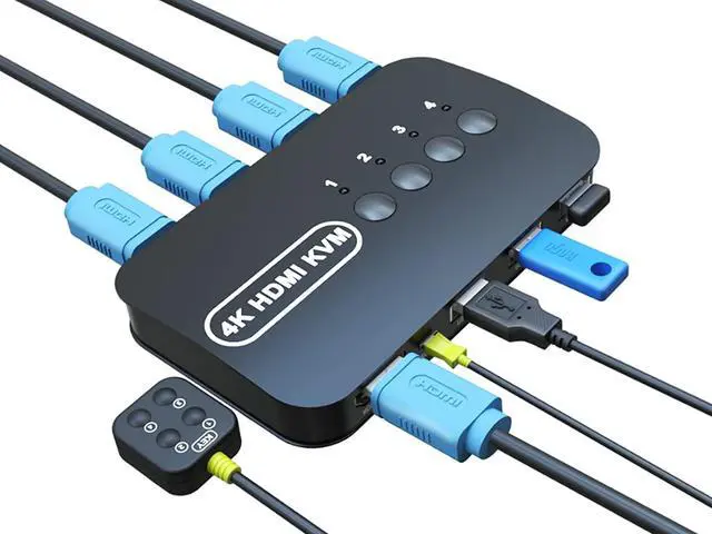 HDMI KVM Switch 4 Port - KVM Switch 4 Computers - USB KVM Switch for 4 Computers Share Keyboard Mouse Printer Flash Drive HD Monitor Support 4K 30Hz 4 HDMI KVM Cables 1 Desktop Controller Included