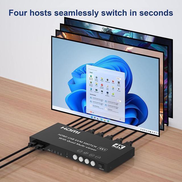 HDMI KVM Switch 4 Ports 4K 30Hz HDMI Multi-viewer 4x1 Switch For 4 Computers 1 Monitor 4 In 1 Out HDMI Quad Seamless Switch HDMI KVM Switcher With Hotkey Switch Button Switch And IR Remote