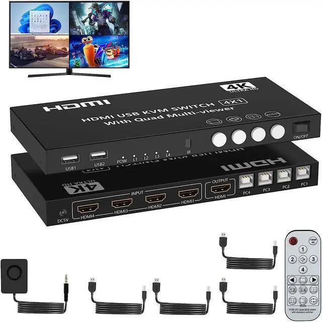 HDMI KVM Switch 4 Ports 4K 30Hz HDMI Multi-viewer 4x1 Switch for 4 Computers 1 Monitor 4 in 1 Out HDMI Quad Seamless Switch HDMI KVM Switcher with Hotkey Switch Button Switch and IR Remote