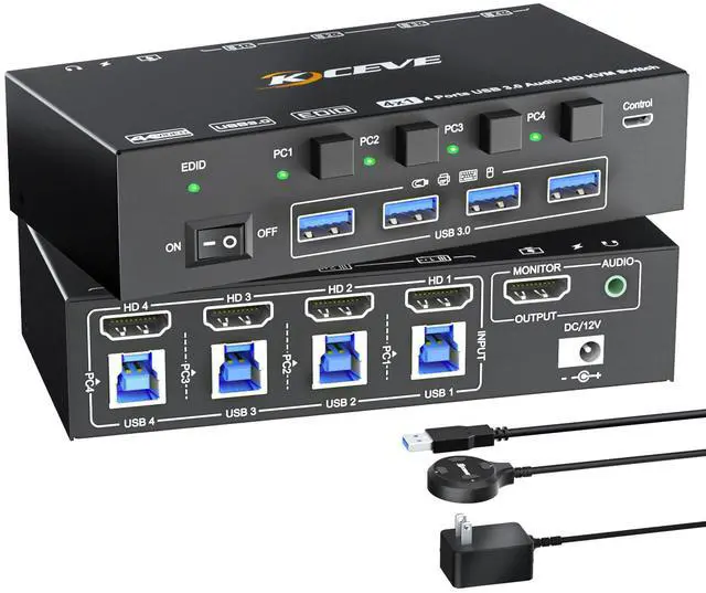 HDMI KVM Switch 4 Ports with Audio 4K 60Hz USB 3.0 4 PC KVM Switcher Box with EDID Emulator for 4 Computers Share Mouse Keyboard and Monitor