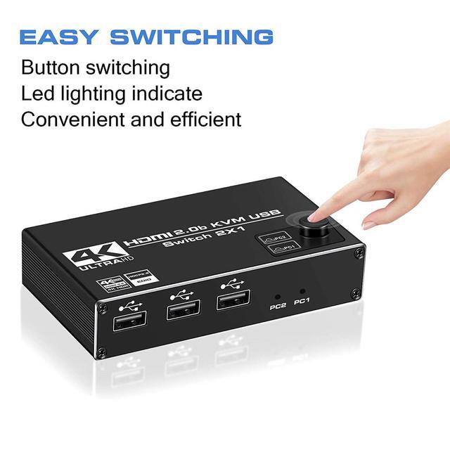 HDMI KVM Switch 4K 60Hz 2x1 HDMI2.0 Ports + 3X USB KVM Ports Share 2 Computers To One UHD Monitor Support Wireless Keyboard And Mouse USB Disk Printer USB Camera (Included 2 USB Cable)
