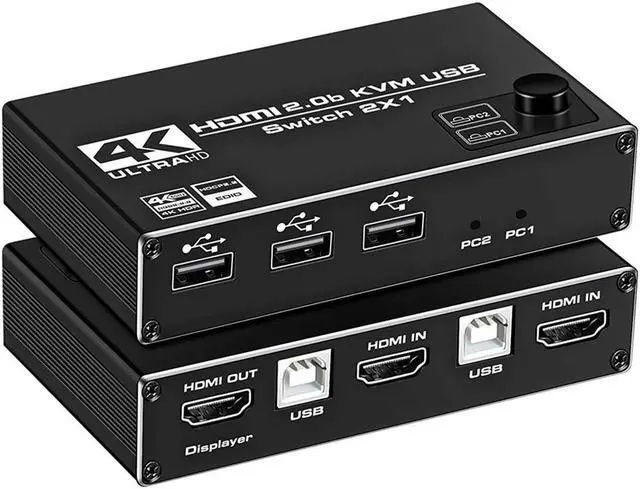 HDMI KVM Switch 4K 60Hz 2x1 HDMI2.0 Ports + 3X USB KVM Ports Share 2 Computers to one UHD Monitor Support Wireless Keyboard and Mouse USB Disk Printer USB Camera (Included 2 USB Cable)