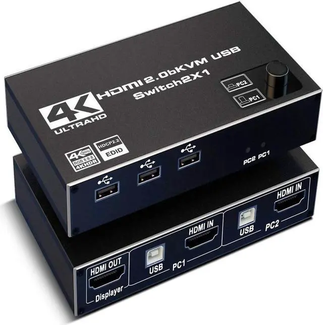 HDMI KVM Switch 4K 60Hz 2x1 HDMI2.0 Ports + 3x USB KVM Ports Share 2 Computers to one UHD Monitor Support Wireless Keyboard and Mouse USB Disk Printer USB Camera (Included 2 USB Cable)