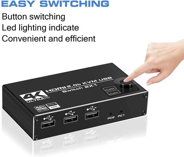 HDMI KVM Switch 4K 60Hz USB Switch 2x1 HDMI2.0 Ports + 3X USB KVM Ports Share 2 Computers To One Monitor Support Wireless Keyboard And Mouse USB Disk Printer USB Camera