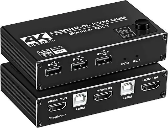 HDMI KVM Switch 4K 60Hz USB Switch 2x1 HDMI2.0 Ports + 3X USB KVM Ports Share 2 Computers to one Monitor Support Wireless Keyboard and Mouse USB Disk Printer USB Camera