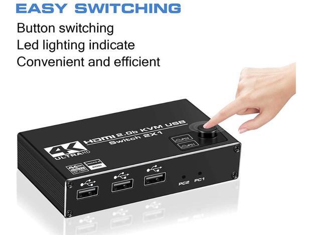 HDMI KVM Switch 4K 60Hz USB Switch 2x1 HDMI2.0 Ports + 3X USB KVM Ports Share 2 Computers To One Monitor Support Wireless Keyboard And Mouse USB Disk Printer USB Camera (Included 2 USB Cable)