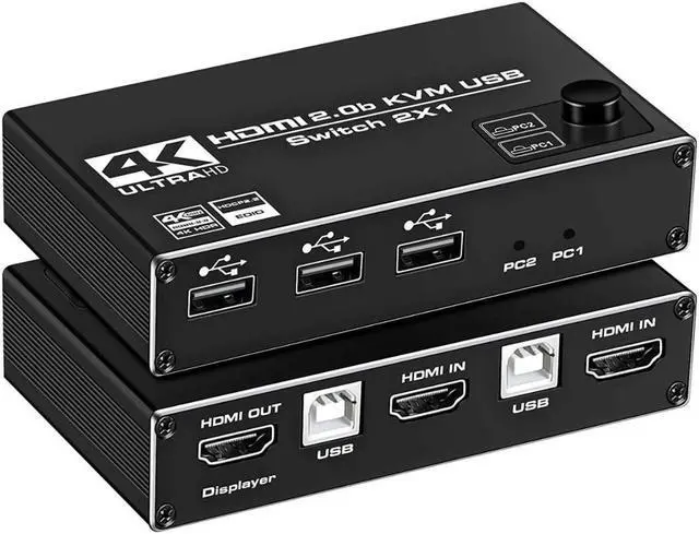 HDMI KVM Switch 4K 60Hz USB Switch 2x1 HDMI2.0 Ports + 3X USB KVM Ports Share 2 Computers to one Monitor Support Wireless Keyboard and Mouse USB Disk Printer USB Camera (Included 2 USB Cable)