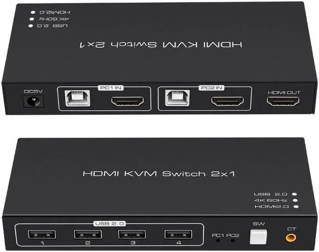 HDMI KVM Switch 4K 60Hz USB Switch 2x1 HDMI2.0 Ports + 4X USB KVM Ports Share 2 Computers to one Monitor Support Wireless Keyboard and Mouse USB Disk Printer USB Camera (Included 2 USB Cable)