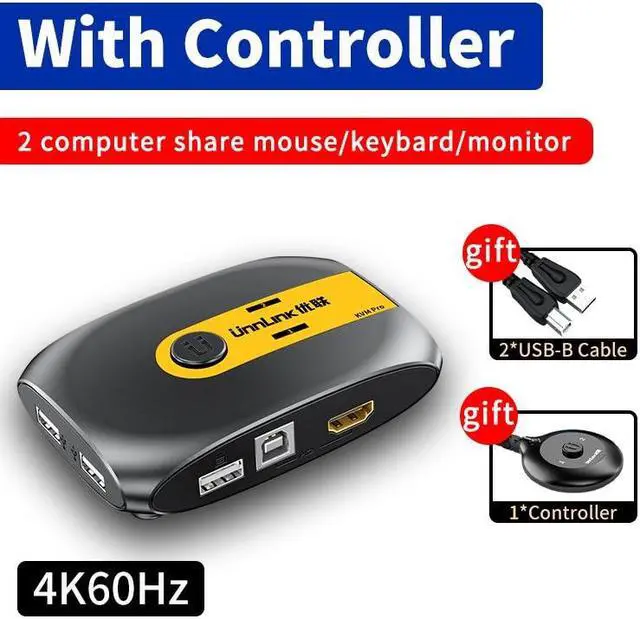 Hdmi KVM Switch 4K60Hz Video Switcher with Extender 2 laptop Share 1 Monitor 4 USB 2.0 1.1 for Mouse Keyboard Printer(With controller)
