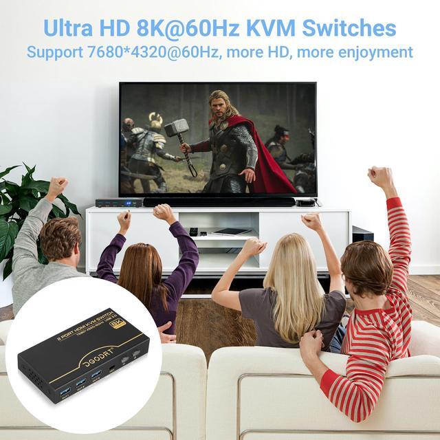 HDMI KVM Switch 8K 2 Port KVM Switch 8K 60Hz 4K 120Hz For 2 Computer Share 1 HD Monitor And 3 USB 3.0 Devices Including 2 HMDI 2.1 Cables & 2 USB 3.0 Cables