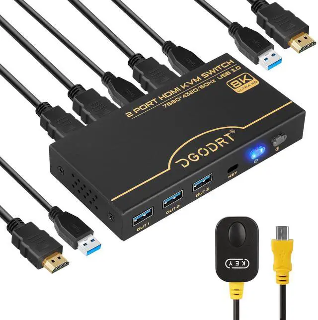 HDMI KVM Switch 8K 2 Port KVM Switch 8K 60Hz 4K 120Hz for 2 Computer Share 1 HD Monitor and 3 USB 3.0 Devices Including 2 HMDI 2.1 Cables & 2 USB 3.0 Cables