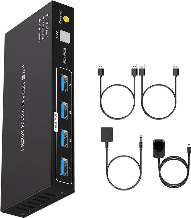 HDMI KVM Switch 8K 60Hz 4K 144Hz HDMI KVM Switch 1 Monitor 2 Computers Share 4 USB3.0 Keyboard Mouse Printer for Esports Gaming 3D Graphics Video Wired Controller & USB Cable