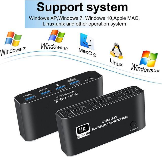 HDMI KVM Switch 8K USB Switch 2x1 HDMI2.1 Ports + 4x USB3.0 KVM Ports Share 2 Computers One Monitor Switch Supports 8K 60Hz 4K 120Hz YUV 4:4:4 HDCP 2.3 HDR 10 Hotkey