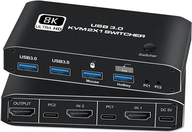 HDMI KVM Switch 8K USB Switch 2x1 HDMI2.1 Ports + 4x USB3.0 KVM Ports Share 2 Computers one Monitor Switch Supports 8K 60Hz 4K 120Hz YUV 4:4:4 HDCP 2.3 HDR 10 Hotkey