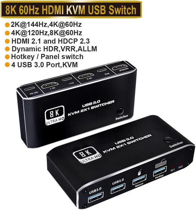 HDMI KVM Switch 8K USB Switch 2x1 HDMI2.1 Ports + 4X USB3.0 KVM Ports Share 2 Computers one Monitor Switch Supports 8K 60Hz 4K 120Hz YUV 4:4:4 HDCP 2.3 HDR 10 Hotkey